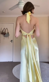 Niulatu Yellow Sheath Formal Dress Elegant Halter Satin Birthday Dress Backless Evening Dress HZ1031