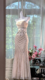 Niulatu Light Champagne Mermaid Evening Gown Tulle Spaghetti Strap Appliqu¨¦ Long Prom Dresses HZ1031