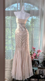 Niulatu Light Champagne Mermaid Evening Gown Tulle Spaghetti Strap Appliqu¨¦ Long Prom Dresses HZ1031