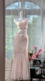 Niulatu Light Champagne Mermaid Evening Gown Tulle Spaghetti Strap Appliqu¨¦ Long Prom Dresses HZ1031