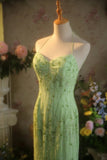 Niulatu Green Sheath Beaded Graduation Dress Spaghetti Straps Open Back Vintage Evening Gown 18th Birthday HZ1031