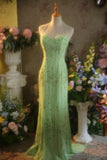 Niulatu Green Sheath Beaded Graduation Dress Spaghetti Straps Open Back Vintage Evening Gown 18th Birthday HZ1031