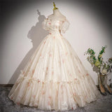 Niulatu Off-the-shoulder Light Champagne Ball Gown Quinceanera Dress Organza Sweet 16 Dress HZ1031