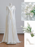 Niulatu Light Champagne V-Neck Bridal Gown Sheath Chiffon Wedding Dress Modest Applique Bridal Dress HZ1031