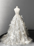 Niulatu White A-Line Bridal Gown Strapless Beaded Sequin Wedding Dress Modest 3D Butterfly Bridal Dress HZ1031