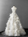 Niulatu White A-Line Bridal Gown Strapless Beaded Sequin Wedding Dress Modest 3D Butterfly Bridal Dress HZ1031