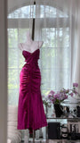 Niulatu Fuchsia Sheath Evening Dress Satin Birthday Outfit Spaghetti Straps Vintage Party Dresses HZ1031