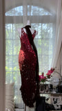 Niulatu Gradient Burgundy Sheath Evening Dress Vintage Chiffon Short Formal Dress HZ1031