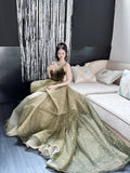 Niulatu Olive Green A-Line Long Prom Dresses Tulle Spaghetti Strap Evening Dress Sweet 16 Dress HZ1031