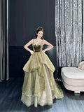 Niulatu Olive Green A-Line Long Prom Dresses Tulle Spaghetti Strap Evening Dress Sweet 16 Dress HZ1031