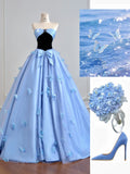 Niulatu Blue A-Line Long Prom Dresses Satin Sweetheart Bow Formal Evening Dress Sweet 16 Dress HZ1031