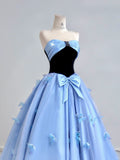 Niulatu Blue A-Line Long Prom Dresses Satin Sweetheart Bow Formal Evening Dress Sweet 16 Dress HZ1031