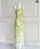 Niulatu Green Sheath Long Prom Dresses Elegant Beaded Chiffon Formal Dress Sleeveless Round Neck Evening Dress HZ1031