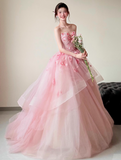 Niulatu Ball Gown Sweetheart Neck Quinceanera Dress Pink Wedding Dress Tulle Applique Sweet Birthday Prom Dress HZ1031
