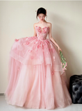 Niulatu Ball Gown Sweetheart Neck Quinceanera Dress Pink Wedding Dress Tulle Applique Sweet Birthday Prom Dress HZ1031