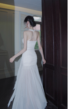 Niulatu White Mermaid Halter Long Prom Dress Chiffon Formal Dress Birthday Evening Dress HZ1031