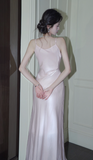 Niulatu Light Pink Spaghetti Strap Sheath Long Prom Dress Satin Formal Dress Sweet Birthday Outfit HZ1031