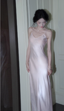 Niulatu Light Pink Spaghetti Strap Sheath Long Prom Dress Satin Formal Dress Sweet Birthday Outfit HZ1031