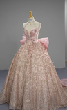 Niulatu Pink Ball Gown Halter Long Prom Dress Halter Neck Beaded Quinceanera Dress 3D Butterfly Sweet 18 Dress HZ1031