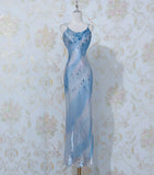 Niulatu Blue Spaghetti Strap Sheath Long Prom Dress Vintage Chiffon Formal Evening Dress Party Dress HZ1031