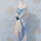 Niulatu Blue Spaghetti Strap Sheath Long Prom Dress Vintage Chiffon Formal Evening Dress Party Dress HZ1031