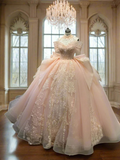 Niulatu Pink Off-the-shoulder Ball Gown Birthday Dress Tulle Beaded Long Prom Dress Applique Quinceanera Dress HZ1031