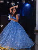 Niulatu Blue Spaghetti Strap Ball Gown Birthday Dress Tulle Sparkly Long Prom Dress Applique Quinceanera Dress HZ1031