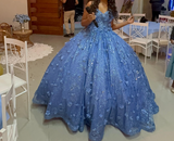 Niulatu Blue Spaghetti Strap Ball Gown Birthday Dress Tulle Sparkly Long Prom Dress Applique Quinceanera Dress HZ1031