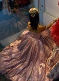 Niulatu Off-the-Shoulder Pink Ball Gown Birthday Dress Tulle Sparkly Long Prom Dress Applique Quinceanera Dress HZ1031