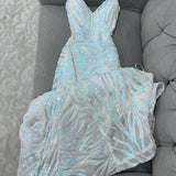Niulatu White Spaghetti Strap Sheath Long Prom Dress Sequin Tulle Party Dress Formal Dress HZ1031