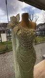 Niulatu Green One Shoulder Sheath Long Prom Dress Beaded Tulle Formal Evening Dress Wedding Guest Outfit HZ1031