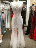 Niulatu White V-neck Mermaid Evening Dress Beaded Tulle Long Prom Dress Sweet Birthday Dress HZ1031