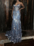 Niulatu Blue V-Neck Mermaid Evening Dress Sparkly Sequined Tulle Long Prom Dress Sweet Birthday Dress HZ1031