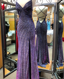 Niulatu Dark Purple V-neck Mermaid Evening Gowns Glitter Beaded Long Prom Dress Slit Backless Party Dress HZ1031