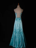 Niulatu A-Line Spaghetti Strap Long Prom Dresses Blue Satin Beaded Evening Dress Elegant Formal Dress HZ1031