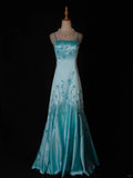 Niulatu A-Line Spaghetti Strap Long Prom Dresses Blue Satin Beaded Evening Dress Elegant Formal Dress HZ1031