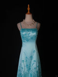 Niulatu A-Line Spaghetti Strap Long Prom Dresses Blue Satin Beaded Evening Dress Elegant Formal Dress HZ1031