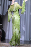 Niulatu Green Sheath Long Prom Dresses Chiffon Beaded Evening Dress Asymmetrical Neck Formal Dress with Cape HZ1031
