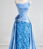 Niulatu Strapless Sheath Long Evening Dress Satin Blue Prom Dress Sparkly Graduation Dress HZ1031