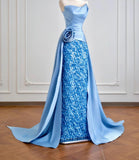 Niulatu Strapless Sheath Long Evening Dress Satin Blue Prom Dress Sparkly Graduation Dress HZ1031