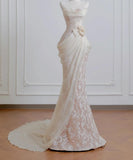 Niulatu Strapless Mermaid Long Wedding Dress Applique Tulle Elegant White Bridal Dress HZ1031