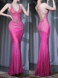 Niulatu Fuchsia Mermaid Beaded Evening Dress Chiffon Elegant Halter Neck Open Back Party Dress Long Prom Dress HZ1031