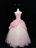 Niulatu Pink Strapless Long Ball Gown Evening Dress Tulle Sweet 16 Birthday Dress Lace Prom Dress HZ1031