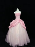 Niulatu Pink Strapless Long Ball Gown Evening Dress Tulle Sweet 16 Birthday Dress Lace Prom Dress HZ1031
