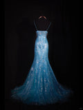Niulatu Blue Halter Mermaid Evening Dress Elegant Tulle Lace Long Prom Dress Party Dress HZ1031