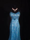 Niulatu Blue Halter Mermaid Evening Dress Elegant Tulle Lace Long Prom Dress Party Dress HZ1031