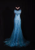 Niulatu Blue Halter Mermaid Evening Dress Elegant Tulle Lace Long Prom Dress Party Dress HZ1031