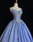 Niulatu Blue Spaghetti Strap Ball Gown Quinceanera Dress Elegant Beaded Evening Gown Glitter Birthday Dress HZ1031