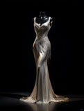 Niulatu Champagne V-neck Mermaid Evening Gowns Satin Beaded Tassel Long Prom Dresses HZ1031