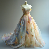 Niulatu Strapless Colorful Ball Gown Long Prom Dress Tulle 3D Butterfly Quinceanera Dress HZ1031